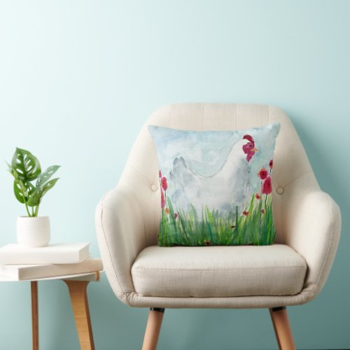 Whimsical Watercolor Hen Throw Pillow