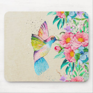 Whimsical watercolor hummingbird and flowers mouse pad