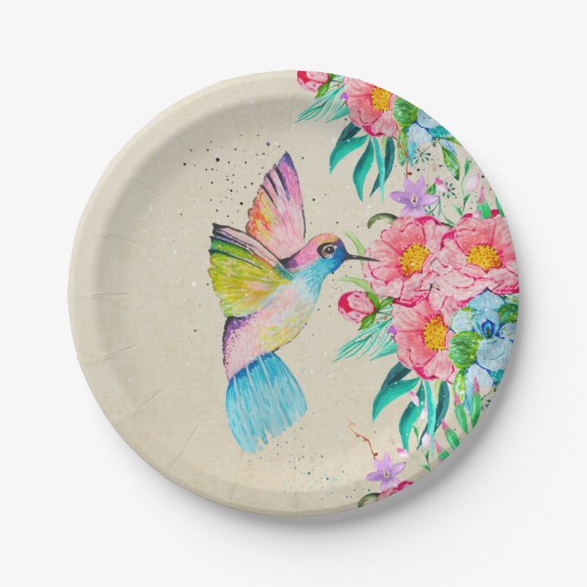 Whimsical watercolor hummingbird and flowers paper plates (Front)