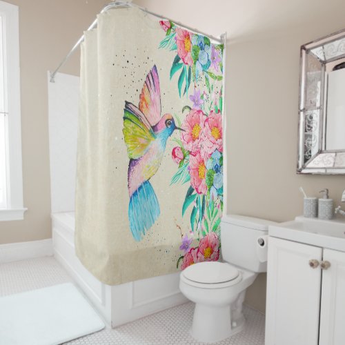 Whimsical watercolor hummingbird and flowers shower curtain