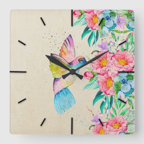 Whimsical watercolor hummingbird and flowers square wall clock