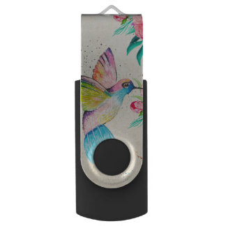 Whimsical watercolor hummingbird and flowers USB flash drive