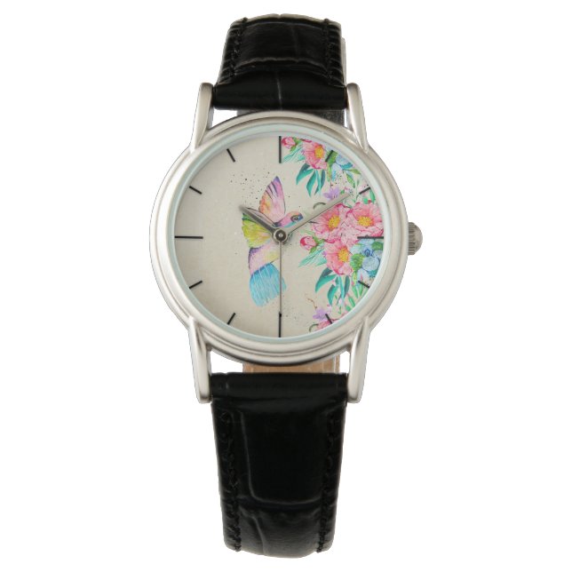 Whimsical watercolor hummingbird and flowers watch (Front)