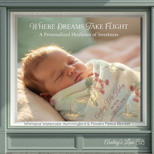 Whimsical Watercolor Hummingbird & Flowers  Fleece Blanket (Whimsical Watercolor Hummingbird & Flowers Fleece Blanket)