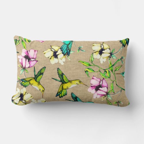 Whimsical Watercolor Hummingbirds  Flowers Lumbar Pillow