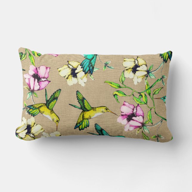 Whimsical Watercolor Hummingbirds & Flowers Lumbar Pillow (Front)