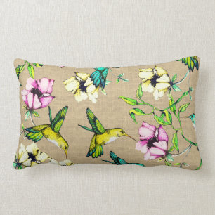 Whimsical Watercolor Hummingbirds & Flowers Lumbar Pillow