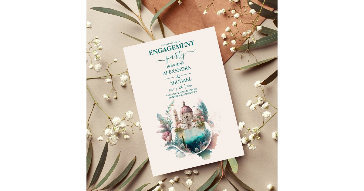Whimsical Watercolor Italian Desitnation Engagemen Invitation | Zazzle