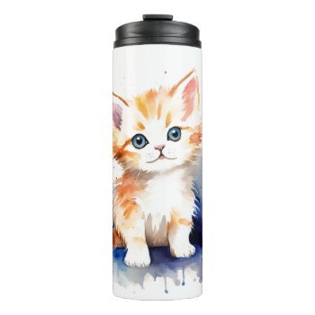 Whimsical Watercolor Kitten Thermal Tumbler by RossiCards at Zazzle
