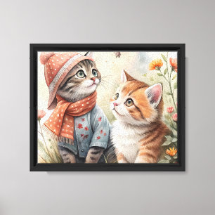Whimsical Watercolor Kittens in an Autumn Garden Canvas Print