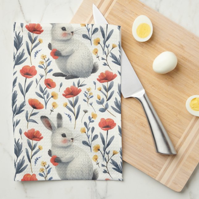 Whimsical Watercolor Meadow Bunny Easter Kitchen Towel (Quarter Fold)