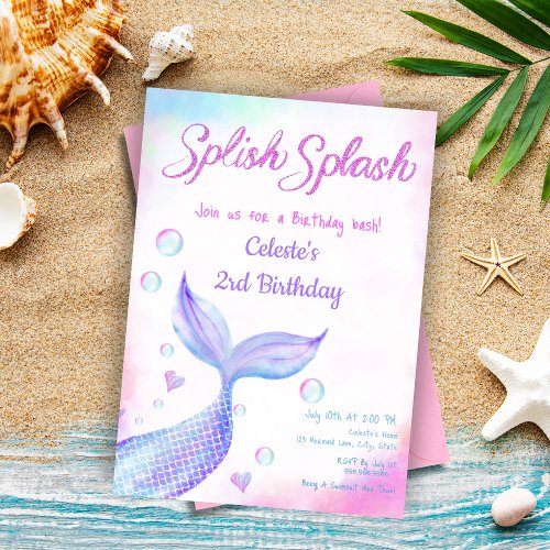 Whimsical Watercolor Mermaid Splish Splash Glitter Invitation