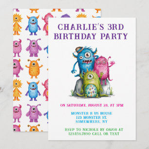 Whimsical Watercolor Monsters Kid's Birthday Party Invitation