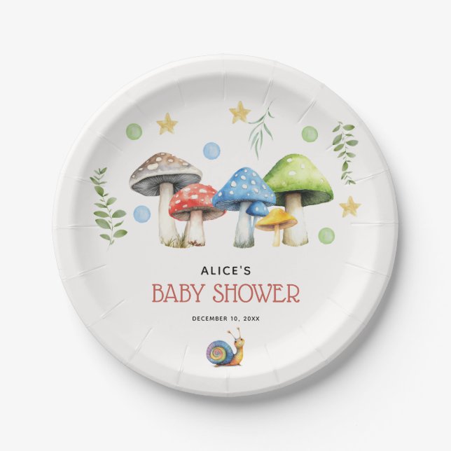 Whimsical Watercolor Mushroom Baby Shower Paper Plates (Front)