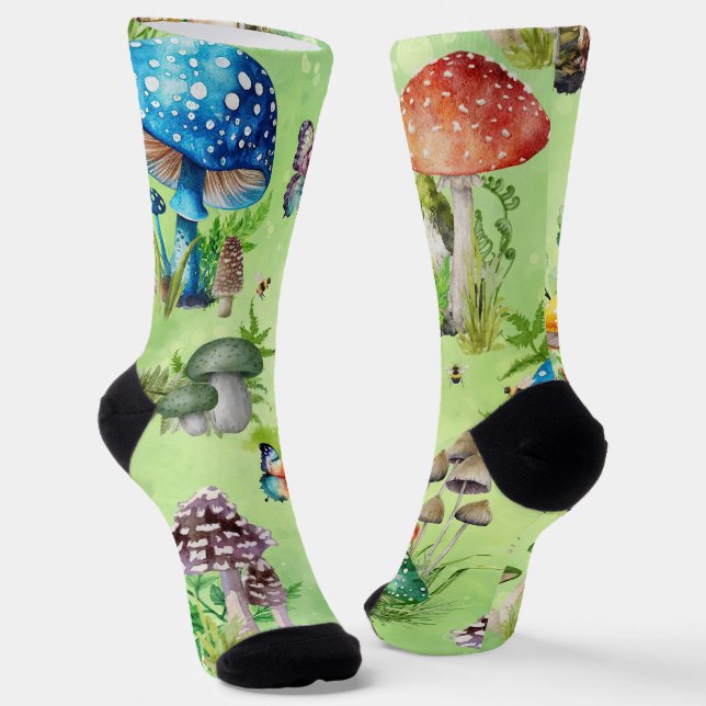 Whimsical Watercolor Mushroom Garden Socks (Angled)