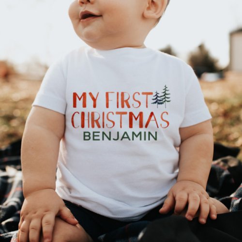 Whimsical Watercolor My First Christmas Name  Baby Baby T_Shirt