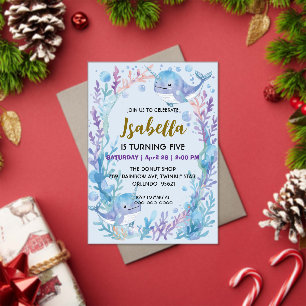 Whimsical Watercolor Narwhal fish  Unicorn of sea  Acrylic Invitations