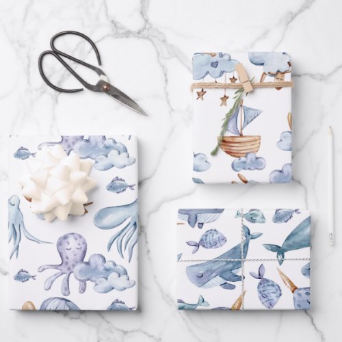 Whimsical Watercolor Nautical Wrapping Paper Sheets