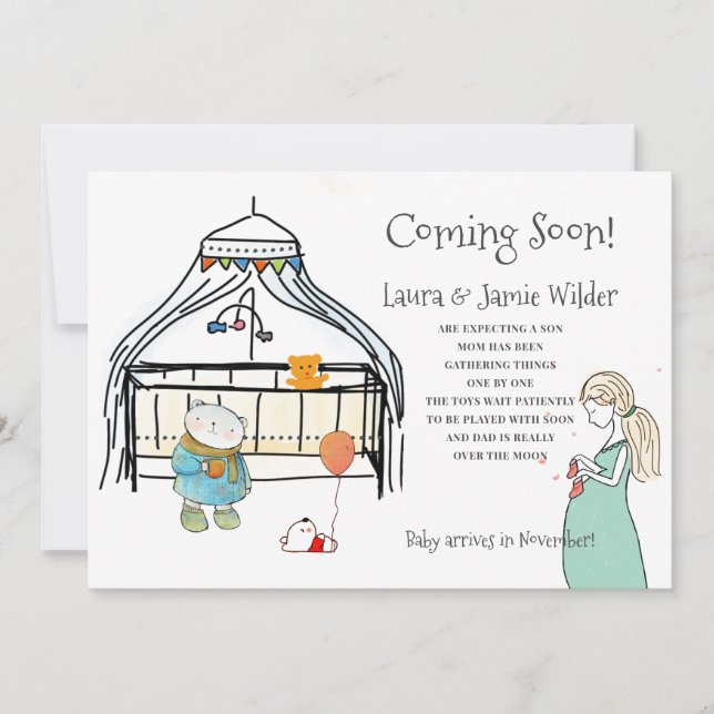 Whimsical Watercolor Nursery And Mom Pregnancy Announcement (Front)