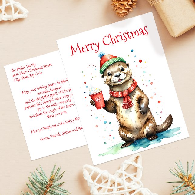 Whimsical Watercolor Otter Family Christmas Holiday Postcard (Creator Uploaded)