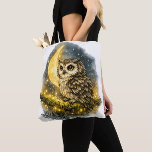 Whimsical Watercolor Owl on Crescent Moon Tote Bag