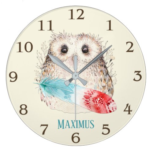 Whimsical Watercolor Owl Teal and Red Feather Large Clock