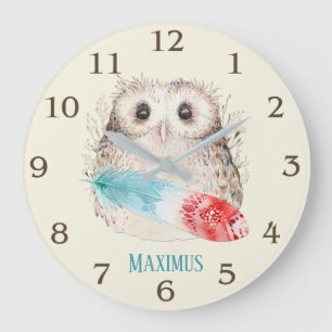 Whimsical Watercolor Owl Teal and Red Feather Large Clock