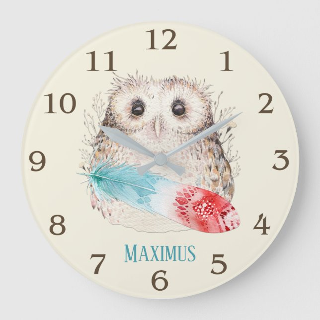 Whimsical Watercolor Owl Teal and Red Feather Large Clock (Front)
