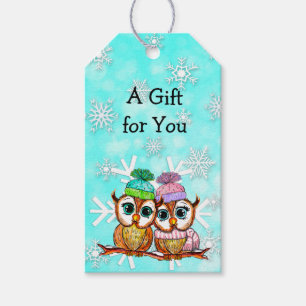 Whimsical Watercolor Owls and Snowflakes Christmas Gift Tags