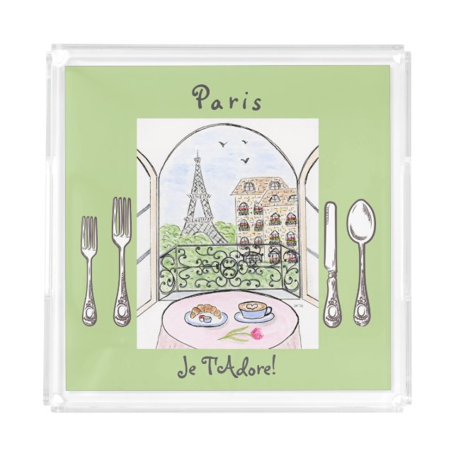 Whimsical Watercolor Paris Eiffel Tower Cutlery Acrylic Tray (Front)