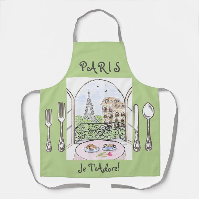 Whimsical Watercolor Paris Eiffel Tower Cutlery Apron (Front)