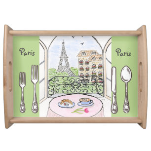 Whimsical Watercolor Paris Eiffel Tower Cutlery Serving Tray