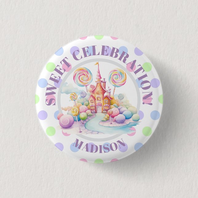 Whimsical Watercolor Pastel Candyland Birthday Button (Front)