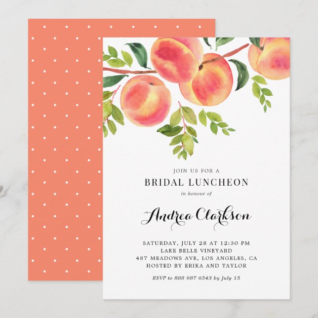 Whimsical Watercolor Peaches Bridal Luncheon Invitation (Front/Back)