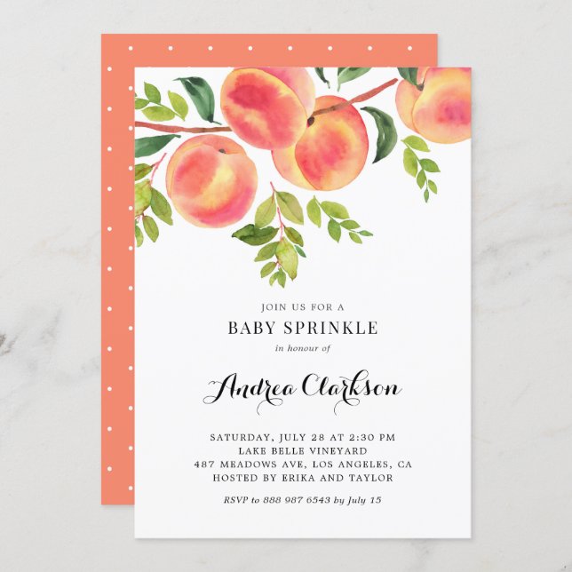 Whimsical Watercolor Peaches Summer Baby Sprinkle Invitation (Front/Back)