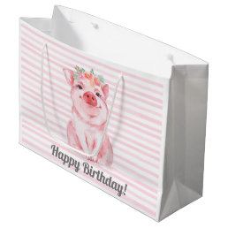 Whimsical Watercolor Pig Pink Stripes Birthday Large Gift Bag