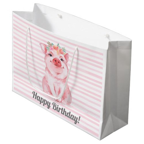 Whimsical Watercolor Pig Pink Stripes Birthday Large Gift Bag