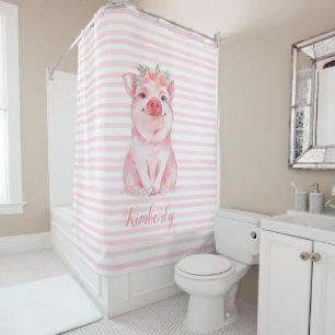 Whimsical Watercolor Pig Pink Stripes Shower Curtain
