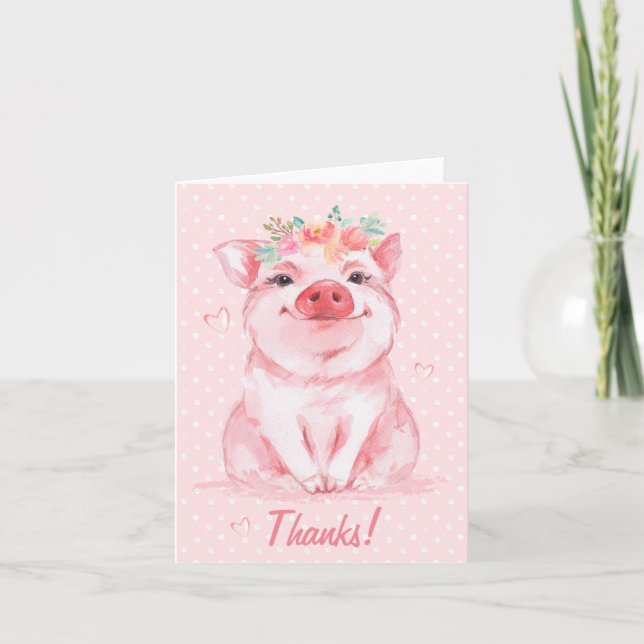 Whimsical Watercolor Pig Thank You Card (Front)