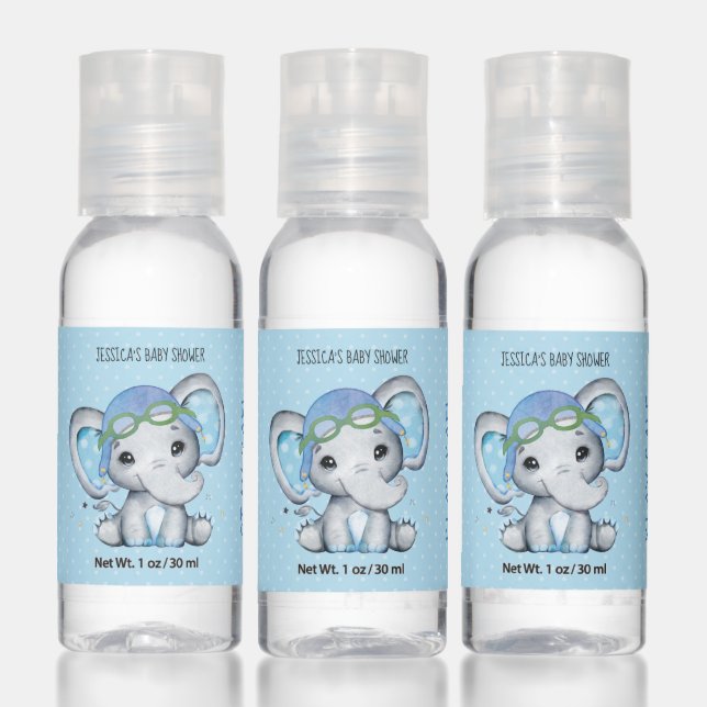 Whimsical Watercolor Pilot Elephant In Blue Hand Sanitizer (Set)