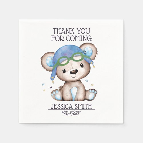 Whimsical Watercolor Pilot Teddy Bear Napkins