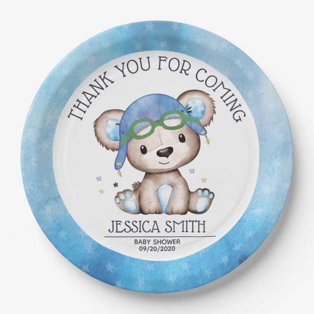 Whimsical Watercolor Pilot Teddy Bear Paper Plates (Front)