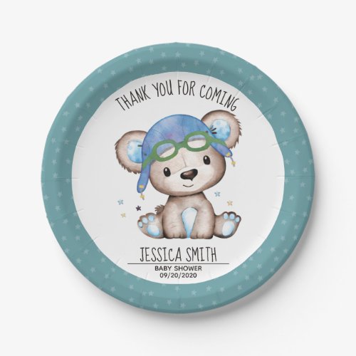Whimsical Watercolor Pilot Teddy Bear Paper Plates