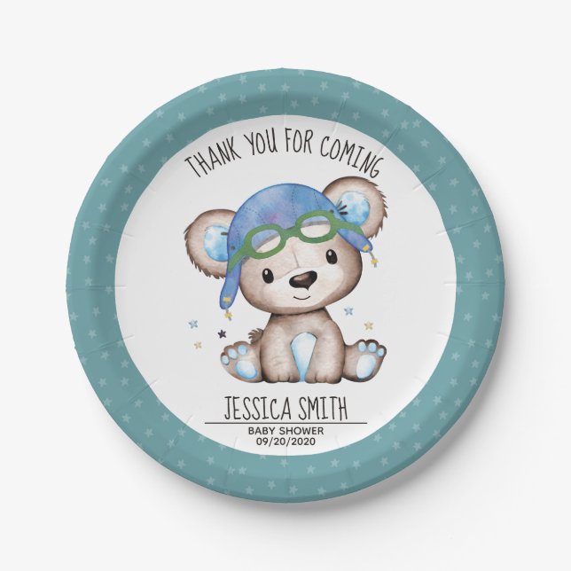 Whimsical Watercolor Pilot Teddy Bear Paper Plates (Front)