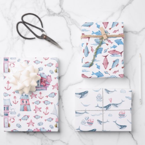 Whimsical Watercolor Pink and Blue Nautical Wrapping Paper Sheets