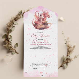 Whimsical Watercolor Pink Dragon Baby Shower All In One Invitation
