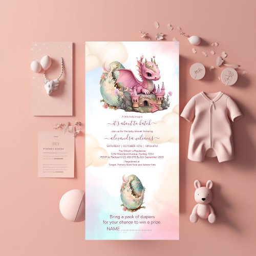 Whimsical Watercolor Pink Dragon Baby Shower All In One Invitation