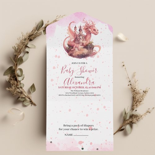 Whimsical Watercolor Pink Dragon Baby Shower  All In One Invitation