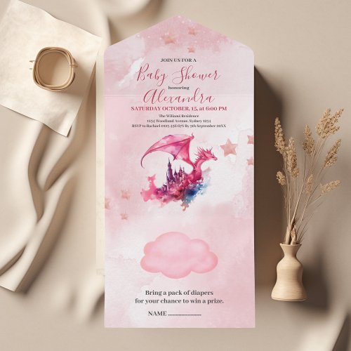 Whimsical Watercolor Pink Dragon Baby Shower  All In One Invitation