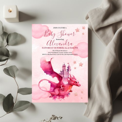 Whimsical Watercolor Pink Dragon Baby Shower  Invitation